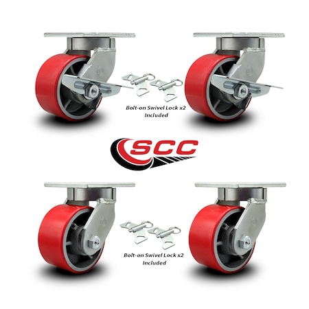 Service Caster 6 Inch Heavy Duty Red Poly on Cast Iron Caster Swivel Locks 2 Brakes, 4PK SCC-KP92S630-PUR-RS-SLB-BSL-2-BSL-2
